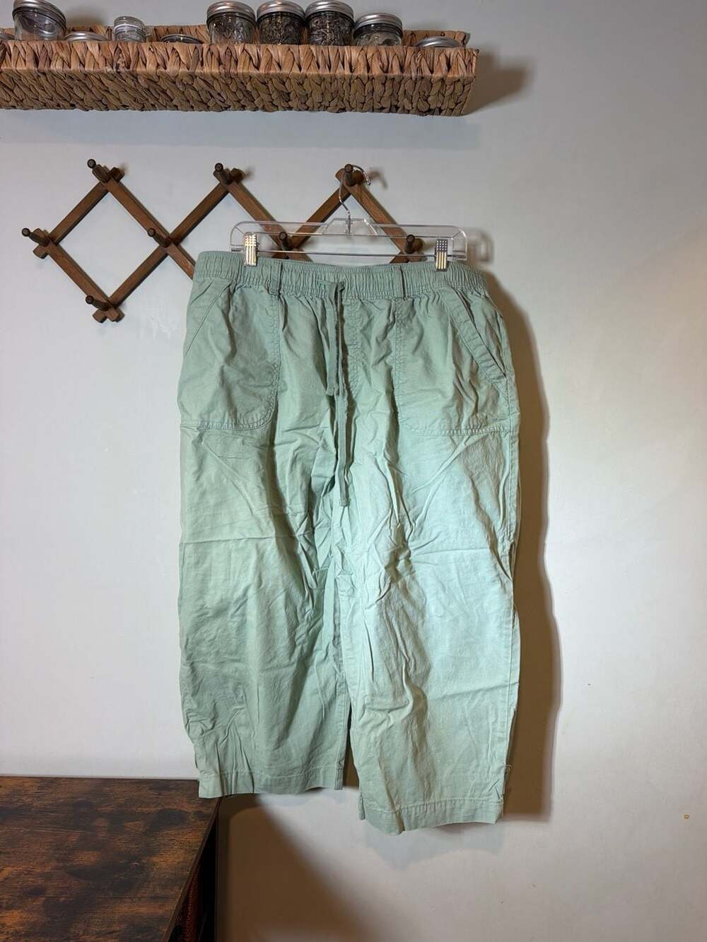 Kim Rogers Women's XL Light Green 100% Cotton Elastic Waist Drawstring Capri Pan